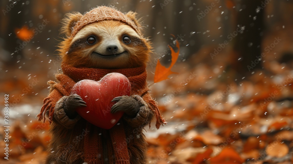 a slotty holding a red heart in the middle of a pile of leaves in the middle of a forest. a slotty holding a red heart in the middle of a pile of leaves in the middle of a forest.