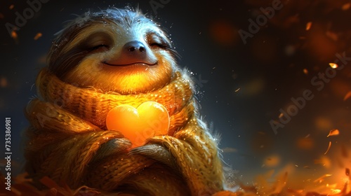 a slotty wearing a scarf and holding a glowing heart in its paws while sitting on a pile of leaves. photo