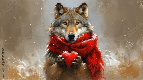a painting of a wolf wearing a red scarf and holding a red heart in it's paws while standing in the snow.