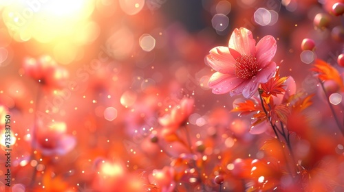 a close up of a pink flower in a field of flowers with the sun shining in the backround. photo