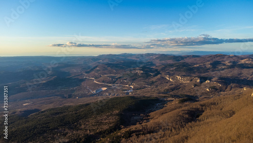 Aerial view of Mount Učka and Vojak Peak overlooking Opatija in Croatia сaptured from a drone