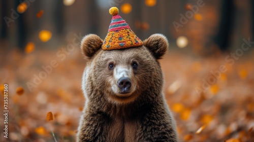 a brown bear wearing a birthday hat in a field of autumn leaves with a blurry background of falling leaves. photo