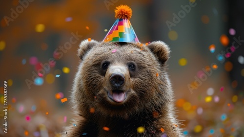 a brown bear wearing a party hat with confetti on it's head and a party streamer on its head. photo