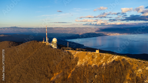 Aerial view of Mount Učka and Vojak Peak overlooking Opatija in Croatia сaptured from a drone photo