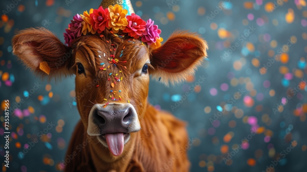 a cow with a party hat on it's head with confetti all over it's head.