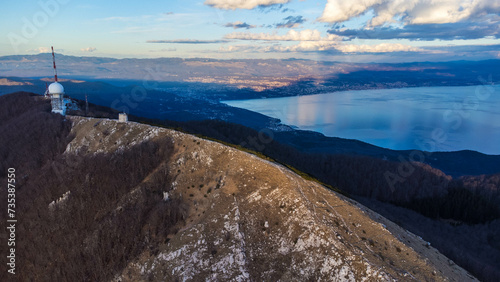 Aerial view of Mount Učka and Vojak Peak overlooking Opatija in Croatia сaptured from a drone photo