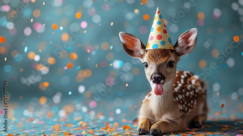 a baby deer wearing a party hat with confetti on it's head sitting on a blue background. photo