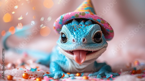 a blue lizard wearing a birthday hat with sprinkles on it's head and a party hat on it's head.
