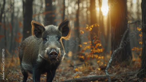 Wild boar stands in the forest and looks at the camera large copyspace area photo
