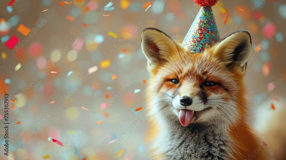 a close up of a fox wearing a party hat with confetti on it's head and tongue sticking out.
