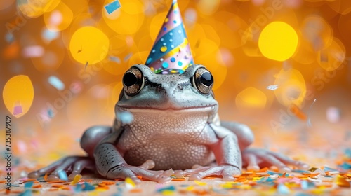a frog with a party hat on it's head is sitting on a pile of confetti and confetti. © Shanti