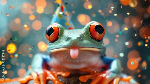 a frog sticking its tongue out with a party hat on it's head and a party hat on its head.