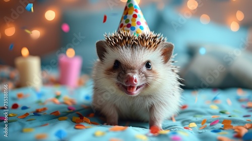 a hedgehog wearing a party hat with confetti on it's head, surrounded by confetti and sprinkles. photo