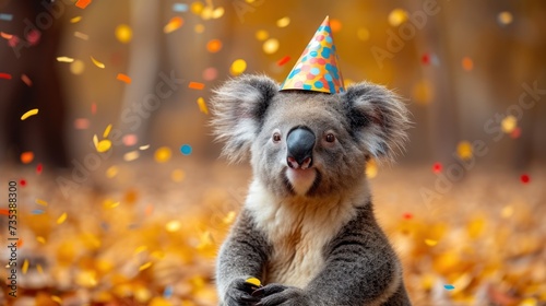 a koala bear wearing a party hat with confetti on it's head, surrounded by confetti and confetti. photo