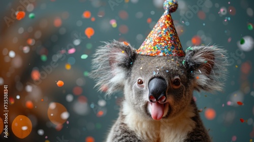 a koala wearing a party hat with confetti on it's head and sticking out its tongue. photo
