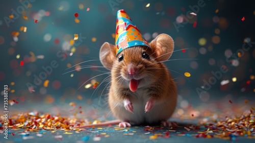 a brown mouse wearing a party hat with confetti on it's head and it's tongue out.