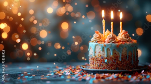 a birthday cake with lit candles sitting on a plate with confetti on the table and blurry lights in the background. photo