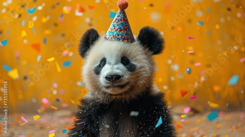 a panda bear wearing a party hat surrounded by confetti and confetti sprinkles on a yellow background. photo