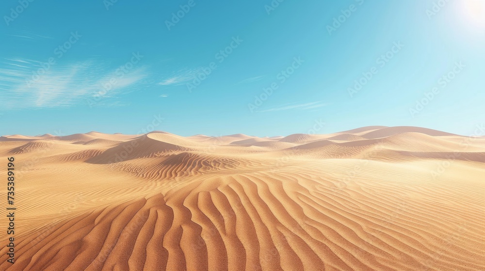 The vastness of a desert landscape, with towering sand dunes stretching to the horizon under a clear blue sky
