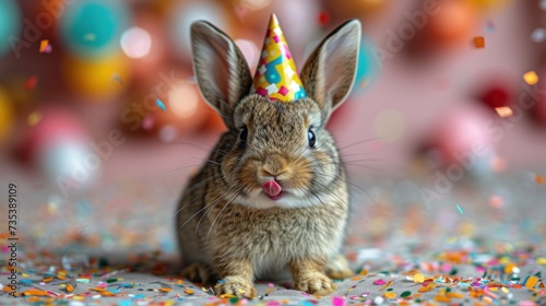 a rabbit wearing a party hat with confetti on it's ears and a party hat on its head. photo