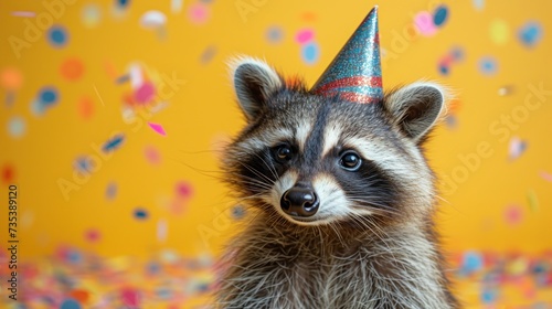 a raccoon wearing a party hat with confetti on it's head and looking at the camera.