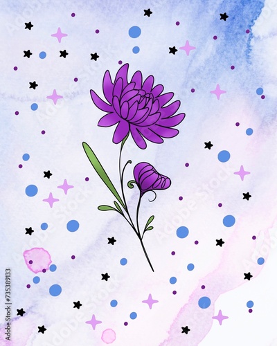 line art drawing of flowers on a watercolor background with doodle parterre. ...