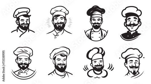 Cartoon portraits logo of funny chefs in sketch style for restaurant design