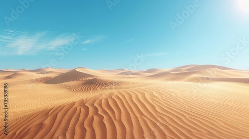 The vastness of a desert landscape  with towering sand dunes stretching to the horizon under a clear blue sky
