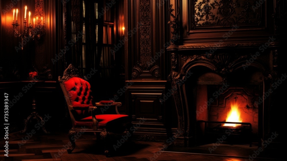 Interior design with a burning fireplace and an armchair, the walls are covered with wood, quiet luxury concept, banner
