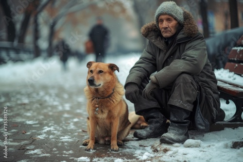 Poor, hungry, frozen, and sick man sitting with old dog in park. Poverty, misery, bankruptcy, crisis, and need for social welfare concept