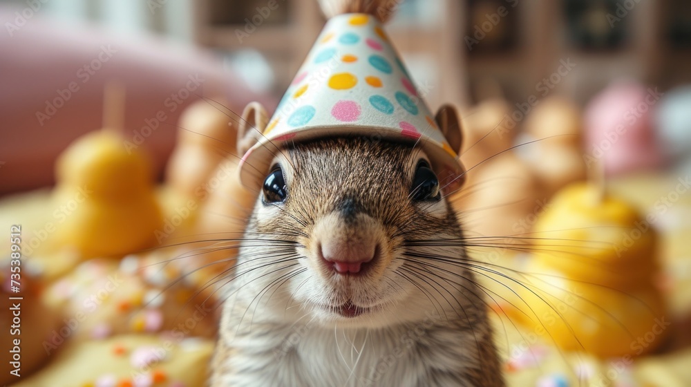 a close up of a small rodent wearing a party hat with confetti and sprinkles on it.