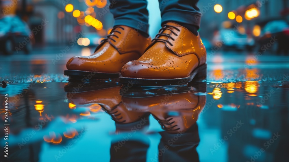 The reflection of city lights in polished leather shoes, a modern urban twist on classic elegance - obrazy, fototapety, plakaty 