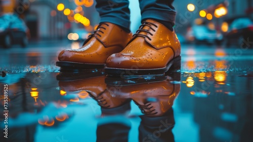 The reflection of city lights in polished leather shoes, a modern urban twist on classic elegance © yganko