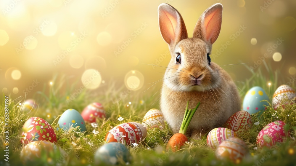 a rabbit sitting in the grass next to a bunch of easter eggs with a carrot in it's mouth. a rabbit sitting in the grass next to a bunch of easter eggs with a carrot in it's mouth.