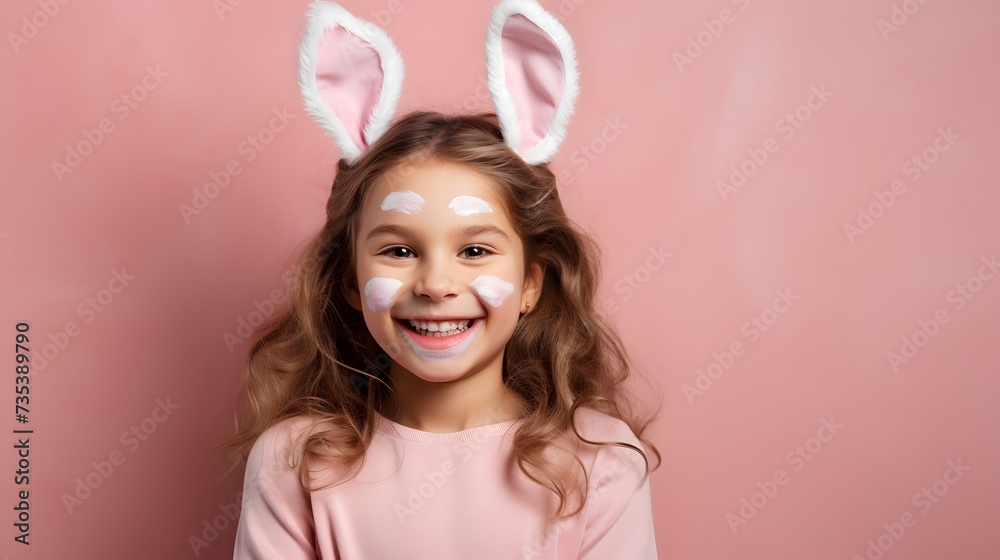 A delighted easter young girl with bunny eggs on her face