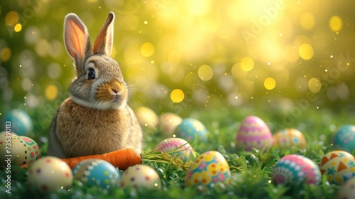 a rabbit sitting in the grass next to a bunch of eggs with painted eggs in the grass and a blurry background.