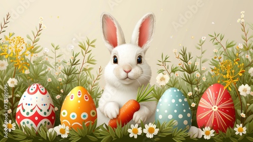 a painting of a bunny sitting in a field of eggs with daisies and daisies in the foreground.