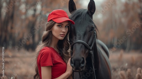 A young beautiful woman in a red cap and Paul's red T-shirt stands near a beautiful black horse and strokes it © yganko