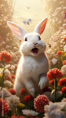 White Rabbit Sitting in a Field of Flowers