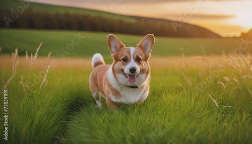corgi dog, dog at dawn, purebred dog in nature, happy dog, beautiful dog