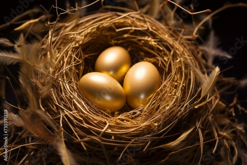 Three Golden Eggs in a Nest on a Black Background