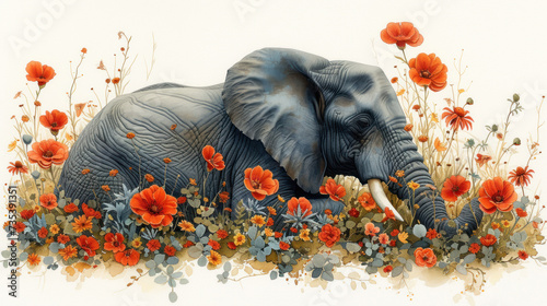 a painting of an elephant laying down in a field of flowers with red flowers on either side of the elephant's head.
