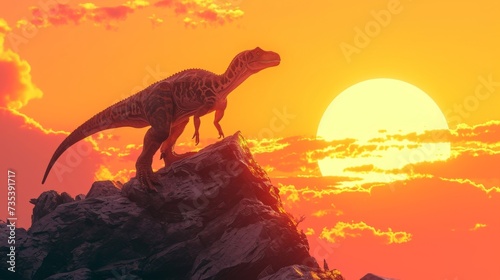 A lone Allosaurus stands tall on a rocky outcrop the oranges and pinks of the sky reflecting off its shiny scales. © Justlight