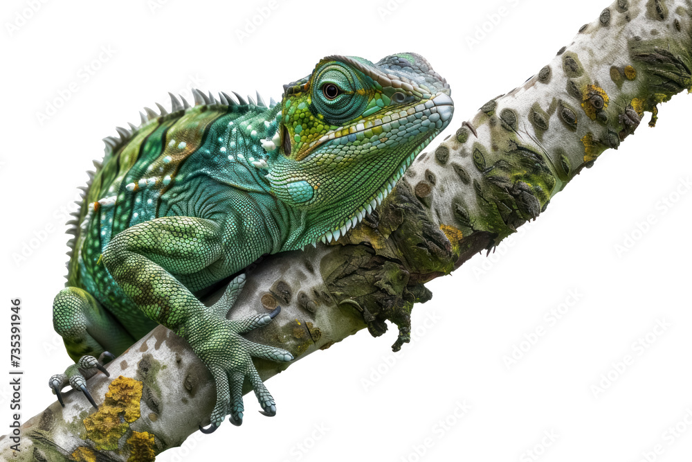 Fototapeta premium green iguana perched on a branch, isolated on transparent background, wildlife reptile, detailed close up