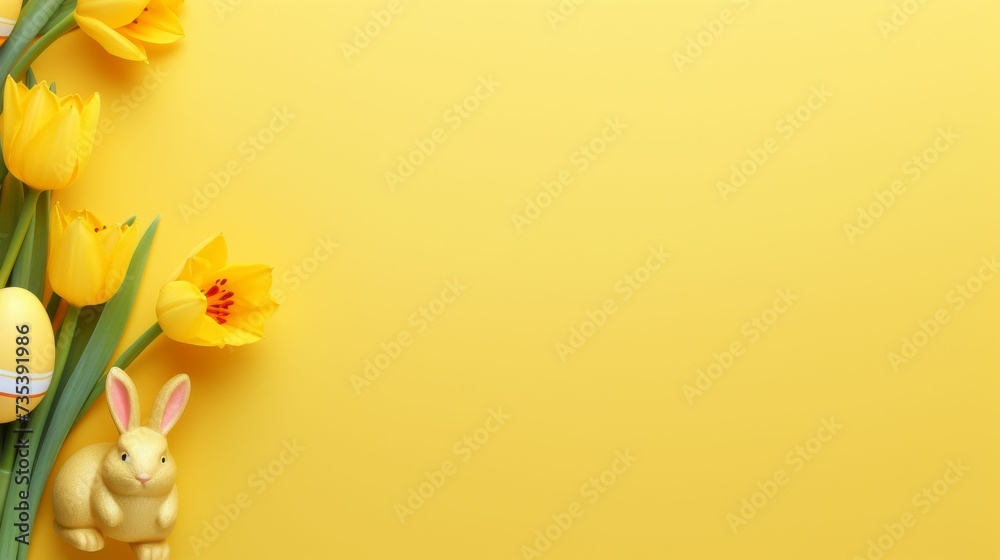 Yellow Background With Yellow Flowers and Easter Eggs - obrazy, fototapety, plakaty 