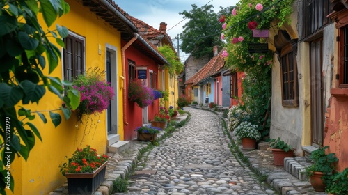 A winding cobblestone street in a European village, lined with colorful houses and blooming flower boxes photo