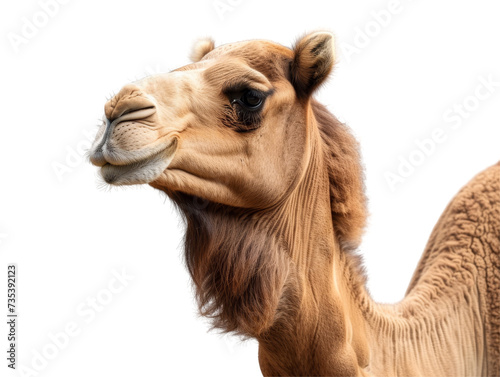 Close-up of a camel’s face with detailed fur and a serene expression. Transparent png background.