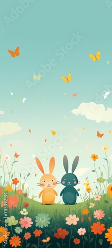 Two Rabbits Sitting in a Field of Flowers