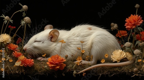 a close up of a rat laying in a field of flowers with its head on a mouse's back. photo