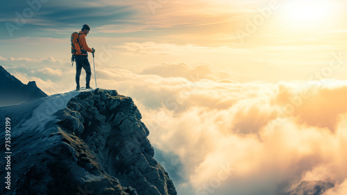 Positive uplifting image of a man wearing an orange jacket and orange backpack, standing on a rocky mountain top with hiking pole above a sea of clouds, looking at sunrise. Copy space, 16:9 © Zoran Karapancev